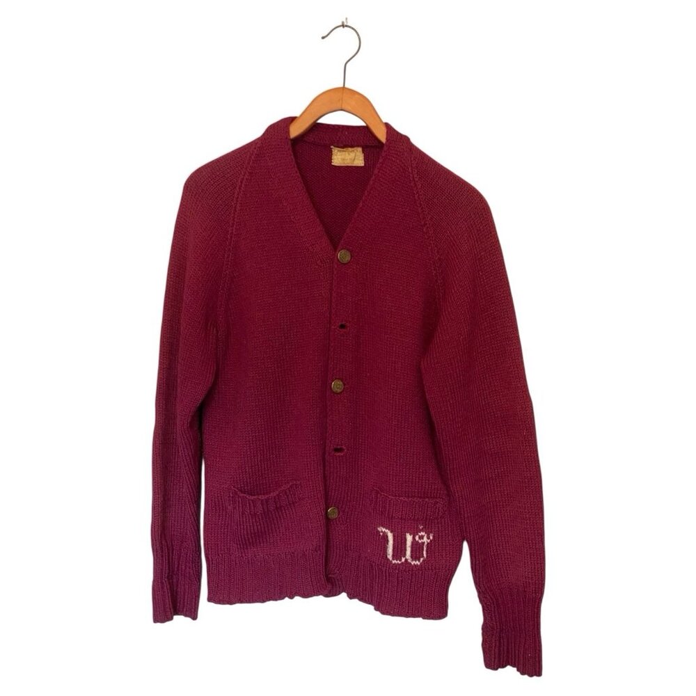 Hand Made Burgundy Vintage Cardigan Sweater Men's Button Up Handknit Monogram W